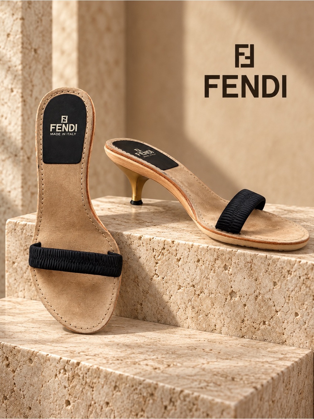 FENDI Authentic vintage Zucca FF kitten heel slide sandals Size 8 US / 38 EU GUC
